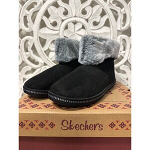 Skechers Women's Black Faux Fur Cozy Slipper Boots - Comfortable Indoor Outdoor